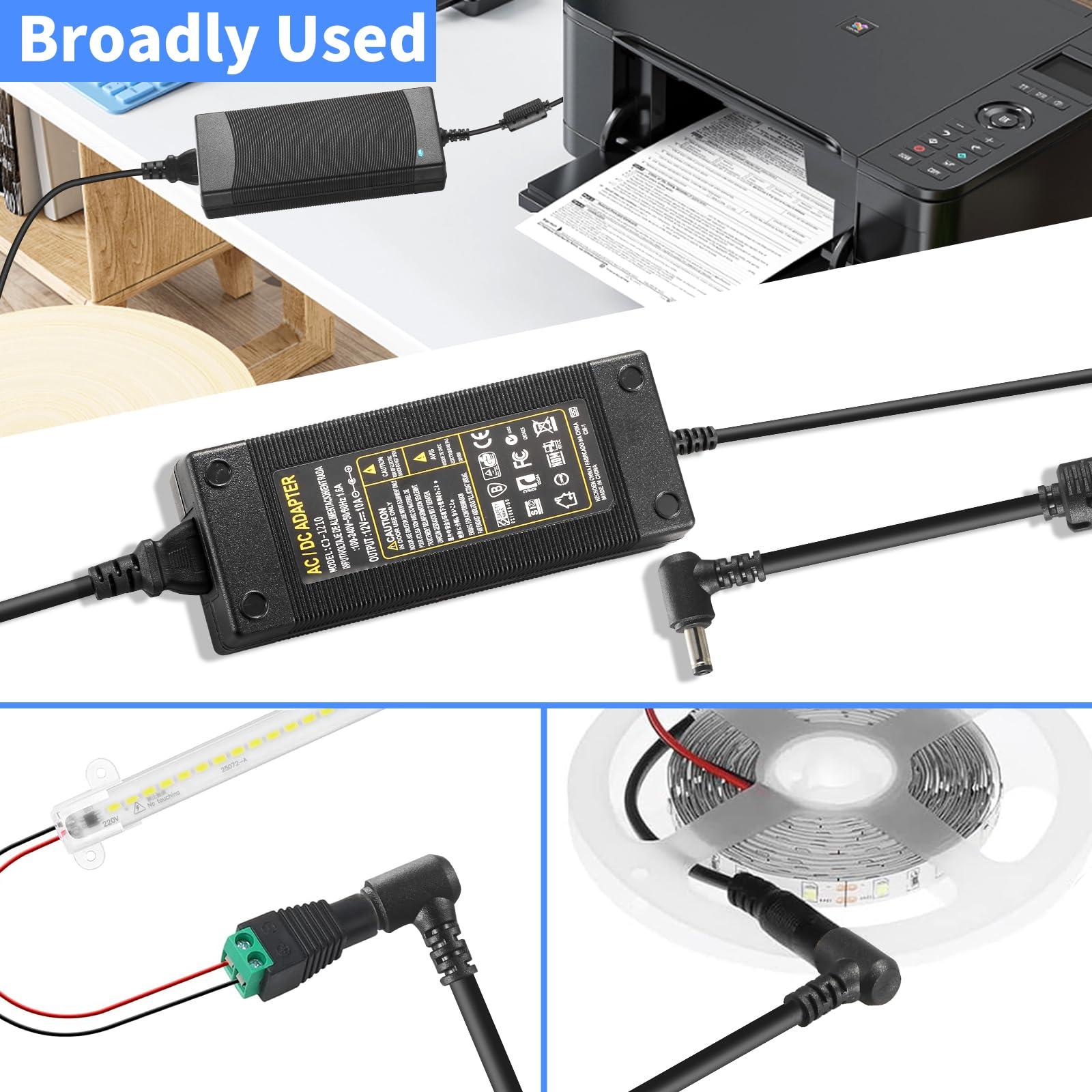 AOYADAISU 12V 10A Power Supply 120W 100V~240V AC to DC Adapter Converter Transformer,12 Volt 10 Amp Power Supply Adapter with 5.5mm x 2.5mm&2.1mm DC Output Jack for 12V Printe LED Strip Light CCTV Camera