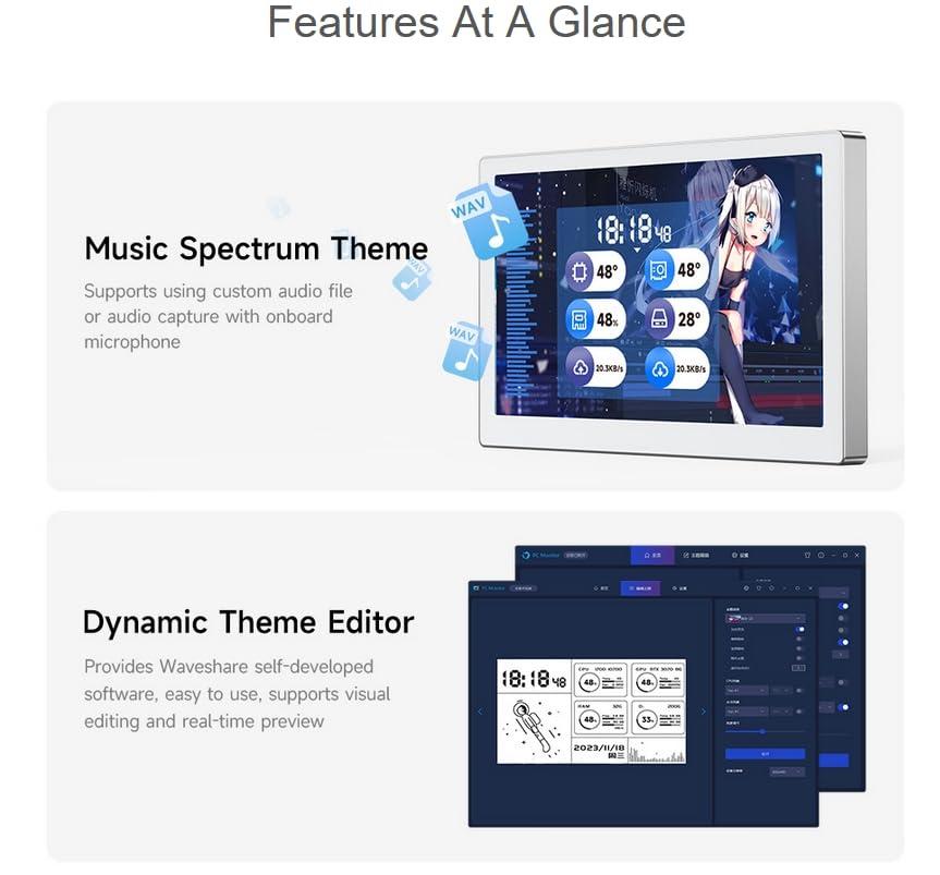 waveshare waveshare 5inch USB Monitor IPS Panel 800x480 Resolution, PC Case Secondary Screen/Desktop RGB Ambient Screen Supports Music Spectrum Analysis Function CNC Metal Case Type-C Interface, Silver