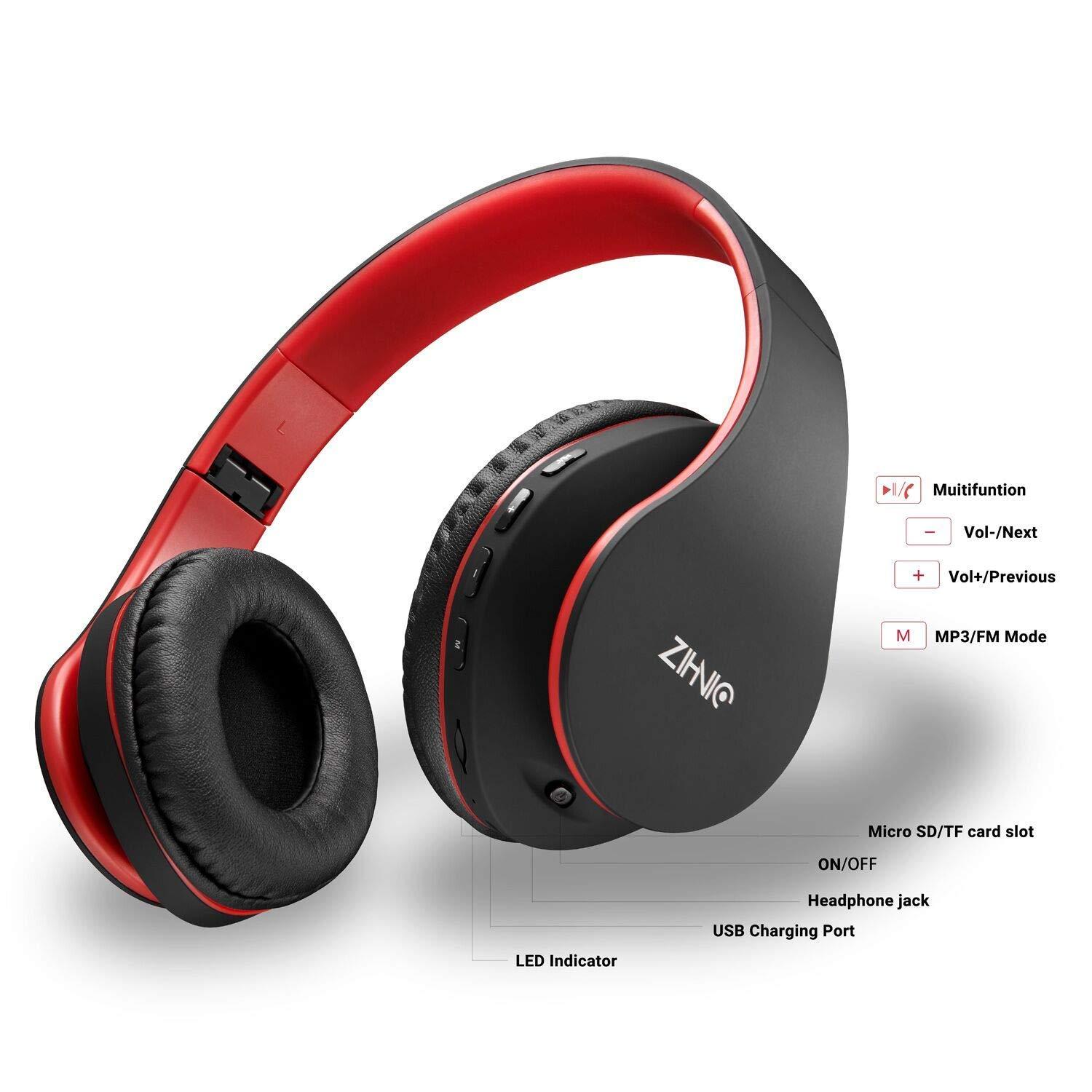 ZIHNIC ZIHNIC Bluetooth Headphones Over-Ear, Foldable Wireless and Wired Stereo Headset Micro SD/TF, FM for Cell Phone,PC,Soft Earmuffs &Light Weight for Prolonged Wearing (Black/red)