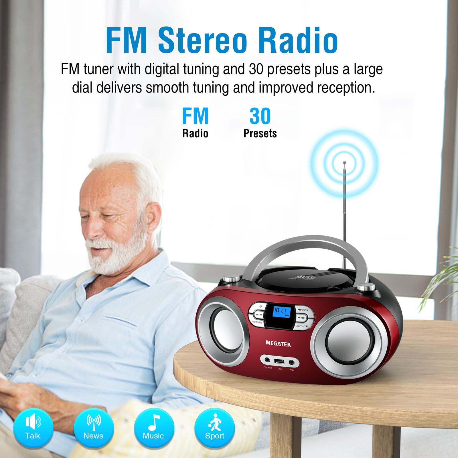 MEGATEK MEGATEK Portable CD Boombox with FM Stereo Radio, Bluetooth, USB Port, and Backlit LCD Display | CD-R/CD-RW/MP3-CD Compatible | AUX Input | Headphone Jack | Programmable CD Player - Cherry Red