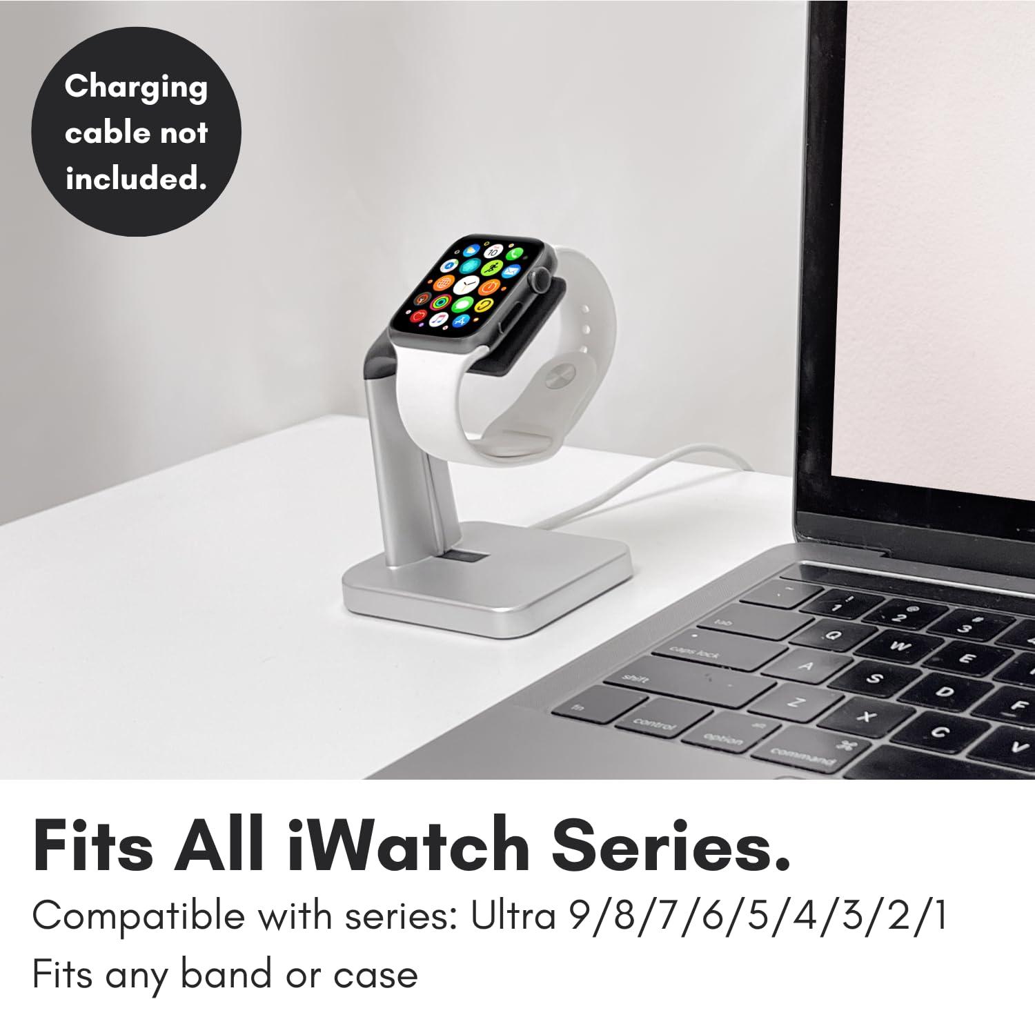 Macally Macally Apple Watch Stand for Series Ultra 9 8 7 6 5 4 3 2 1 SE (49mm 45mm 44mm 42mm 41mm 40mm 38mm) - Apple Watch Charger Stand Dock Holder - Sleek Desk iWatch Charging Station - Silver