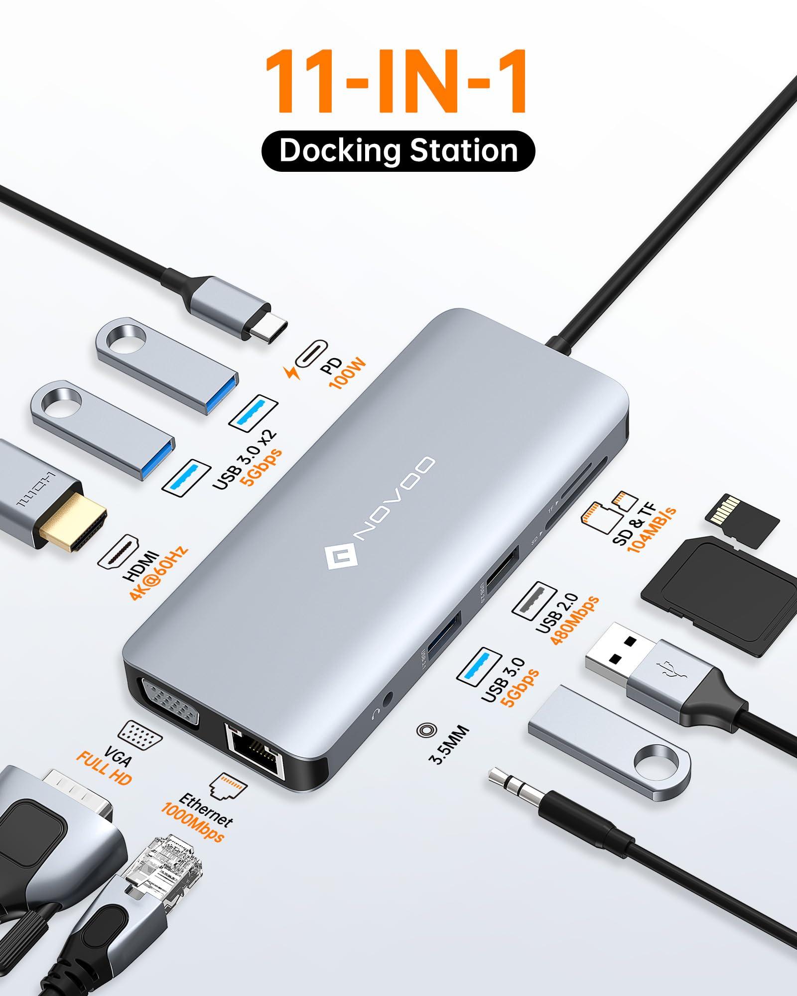 NOVOO NOVOO USB C Hub, 11-in-1 Docking Station Multiport Adapter with 4K USB C to HDMI, VGA, Gigabit Ethernet, 100W PD, 3 USB-A 5 Gbps, MicroSD/SD Card Reader, Dock for Most Type-C Devices