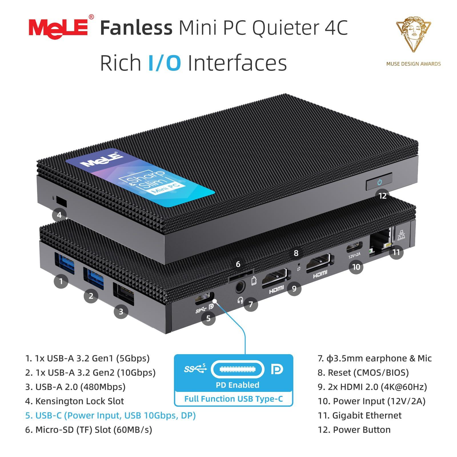 MeLE MeLE Mini PC Quieter 4C - 12th Gen N100, Fanless PC, 8GB Memory, 128GB Storage, 2.4/5G Wi-Fi, Full-Functional USB-C, 4K Triple Display Desktop PC on Home, Office, Education, Astrophotography