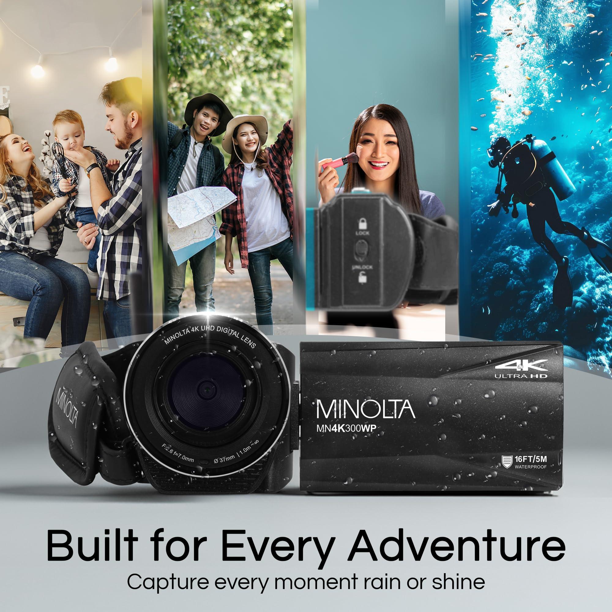 Minolta Minolta Waterproof Camcorder 4K Ultra HD Video, 56MP Photos, 18X Zoom, 3-inch LCD Screen, Time Lapse, Loop Recording, Photo Burst, Anti-Shake, Webcam Mode, HDMI/USB (Black)