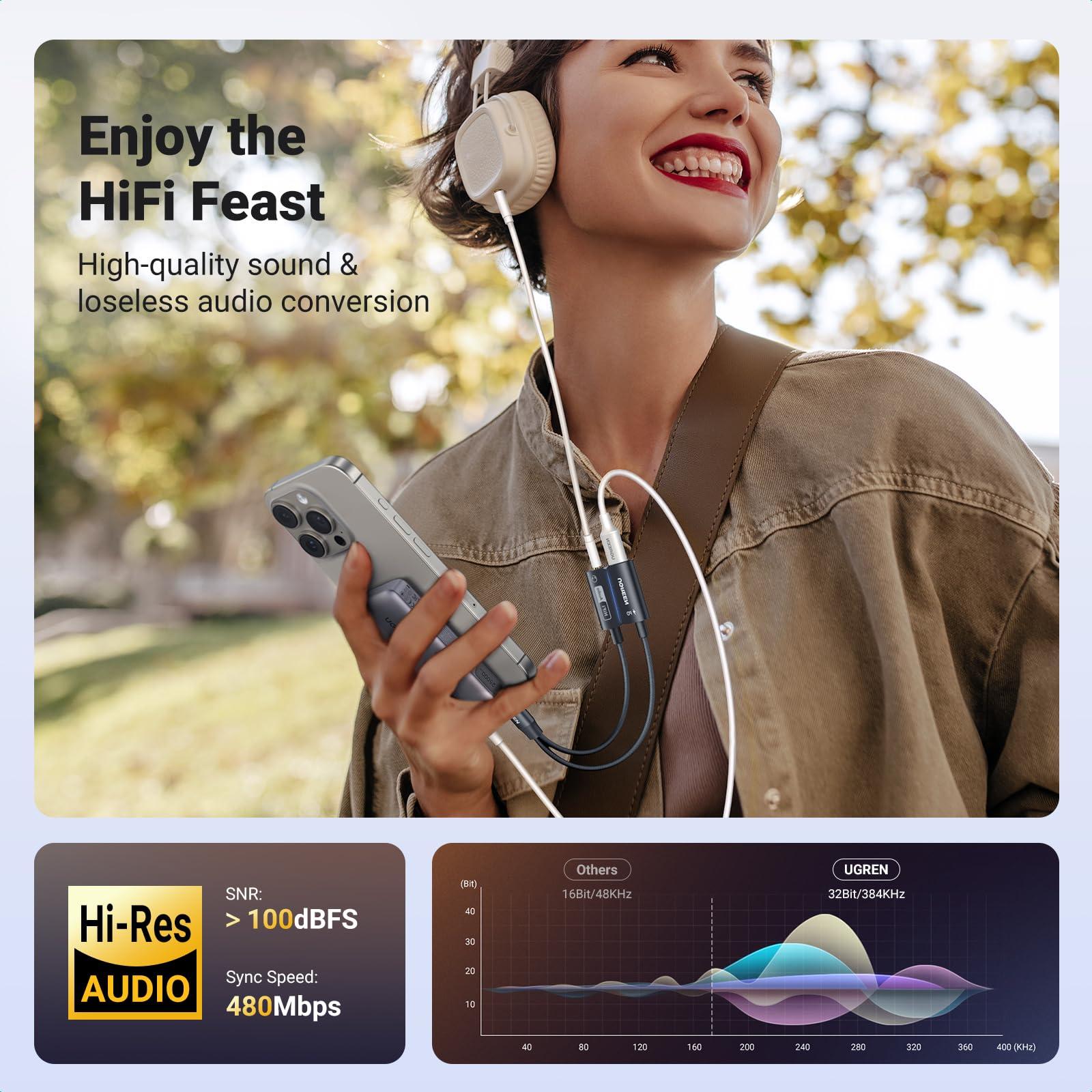 UGREEN UGREEN USB C to 3.5mm Audio Adapter DAC Stereo Mic HiFi Right Angle Dongle Bundle Magnetic USB C to 3.5mm Audio Adapter and PD 60W Charger 2 in 1