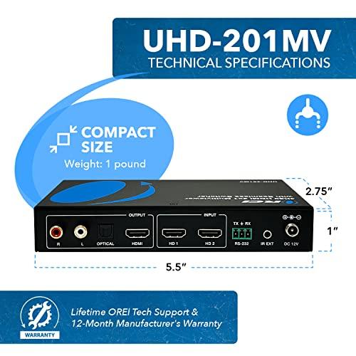 OREI OREI 4K HDMI Multi Viewer 2 in 1 Out Switcher 2 Ports Seamless IR Remote Support 4K @ 60Hz 1080P for PS4/PC/DVD/Security Camera HDMI Switch Optical Audio L/R Output - (UHD-201MV)