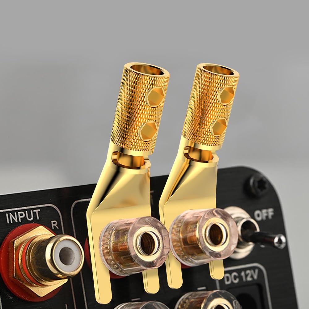 Tertullus Tertullus 8 Pcs Pure Copper Speaker Spade Connectors Y Plug Spade Speaker Wire Connectors 45 Degree Gold Plated Screw Locking Adapter Fork Spade Plugs for Speaker Wire DIY