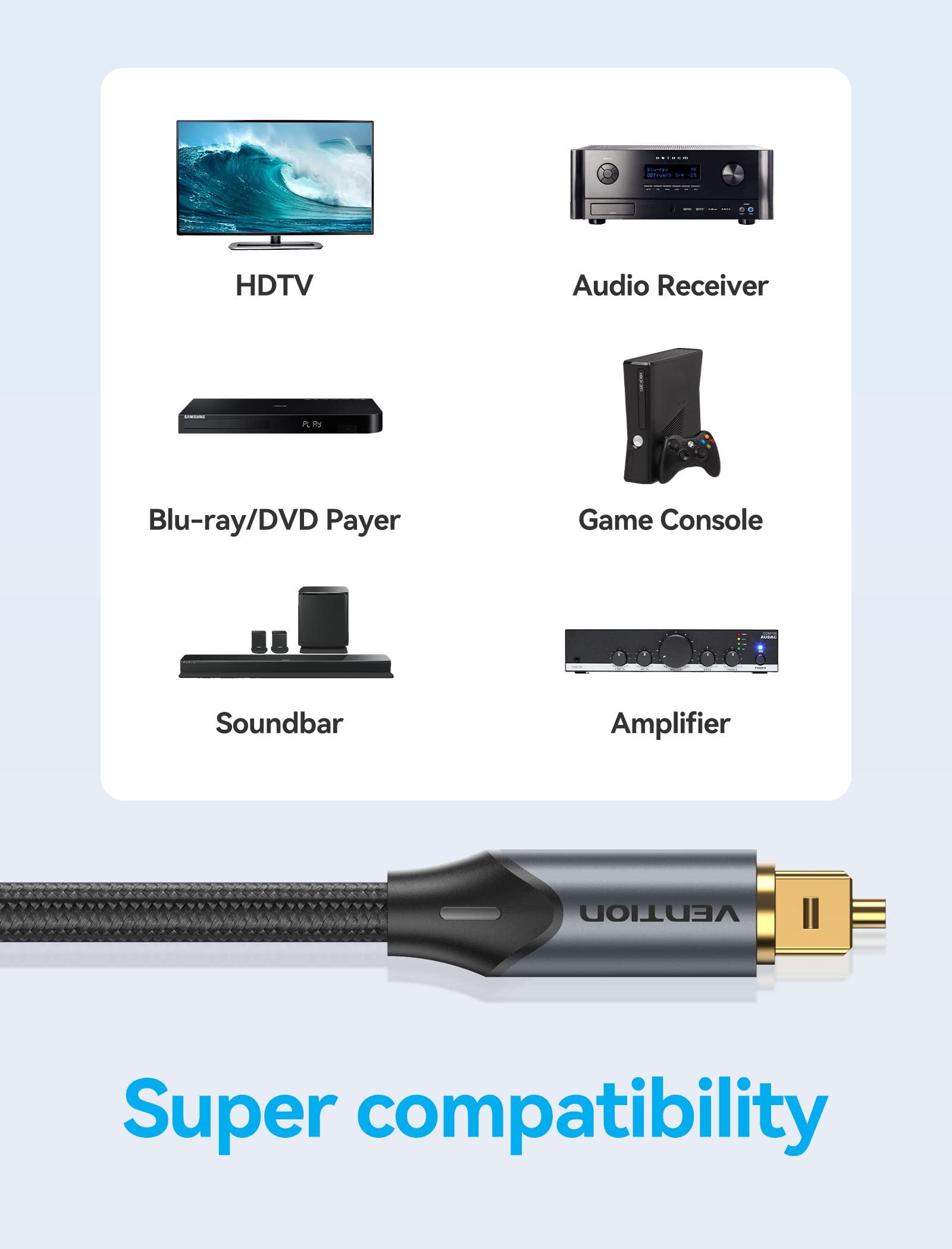 VENTION VENTION Digital Optical Audio Cable Nylon Braided Fiber, Slim Metal Case, Gold Plated Plug, 6.6 ft Toslink Fiber Optic Audio Cable for Sound Bar TV PS4 Samsung Vizio Bose LG