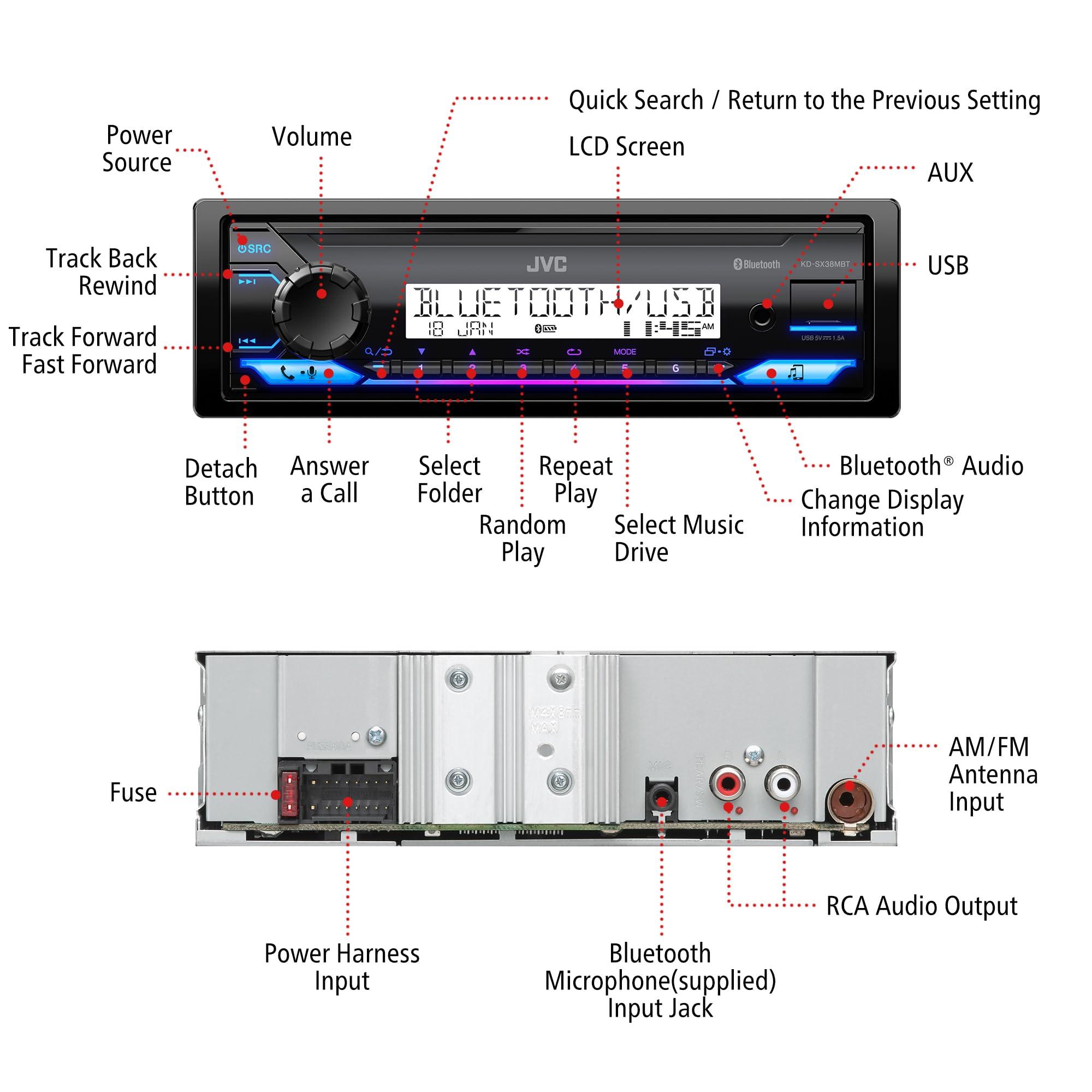 JVC JVC KD-SX38MBT Car Stereo with Bluetooth, 4-Ch Marine Radio Receiver, AM/FM Single Din Radio, Aux-in, USB, Streaming, RGB Illumination, Use as in-Dash ATV, Truck Radio or Boat Stereo