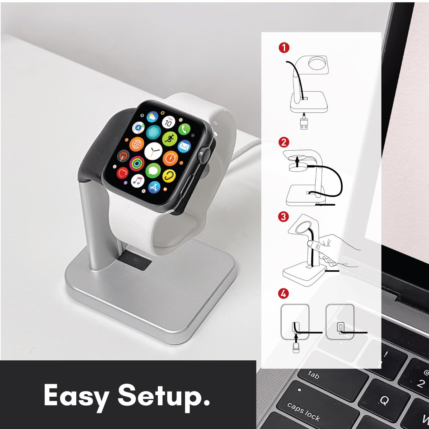 Macally Macally Apple Watch Stand for Series Ultra 9 8 7 6 5 4 3 2 1 SE (49mm 45mm 44mm 42mm 41mm 40mm 38mm) - Apple Watch Charger Stand Dock Holder - Sleek Desk iWatch Charging Station - Silver