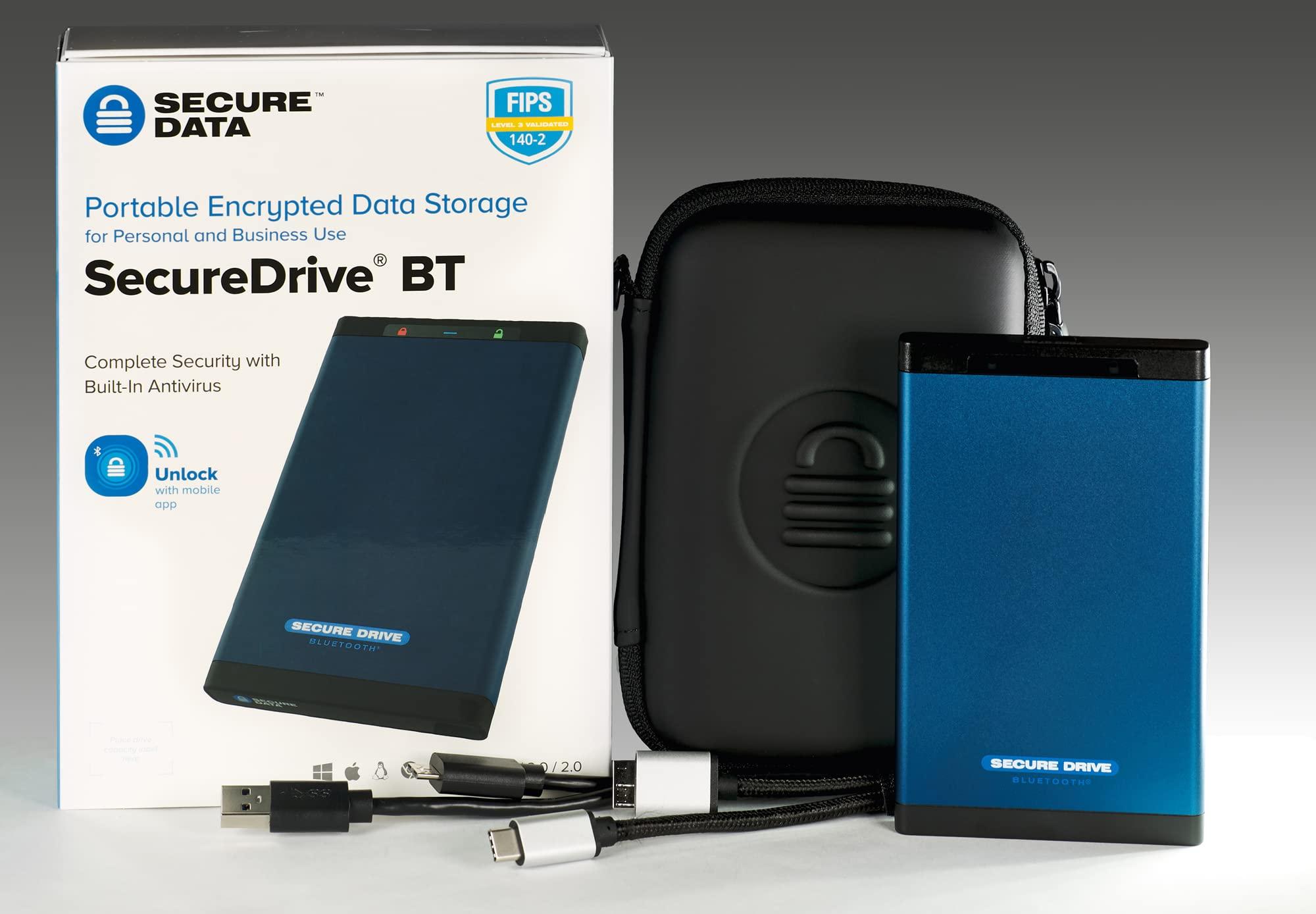 ClevX SecureData SecureDrive BT 2TB Hardware Encrypted USB 3.0 Ext Drive FIPS 140-2 Level 3 Unlock via Phone app TAA Compliant, CJIS, HIPAA, CMMC, GDPR Compliant, Works with Mac and Win Free AV