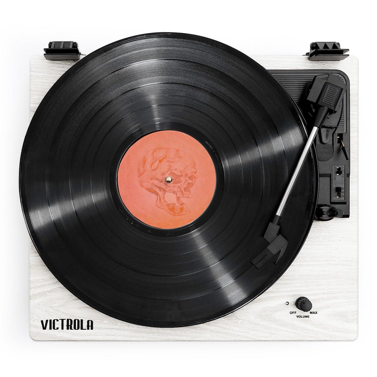 Victrola Victrola Montauk Vinyl Record Player, Natural Wood Finish, 3-Speed Belt Driven Turntable with Stereo Bluetooth Speaker Pair, RCA Output and 3.5mm Headphone Jack, Removable Dust Cover