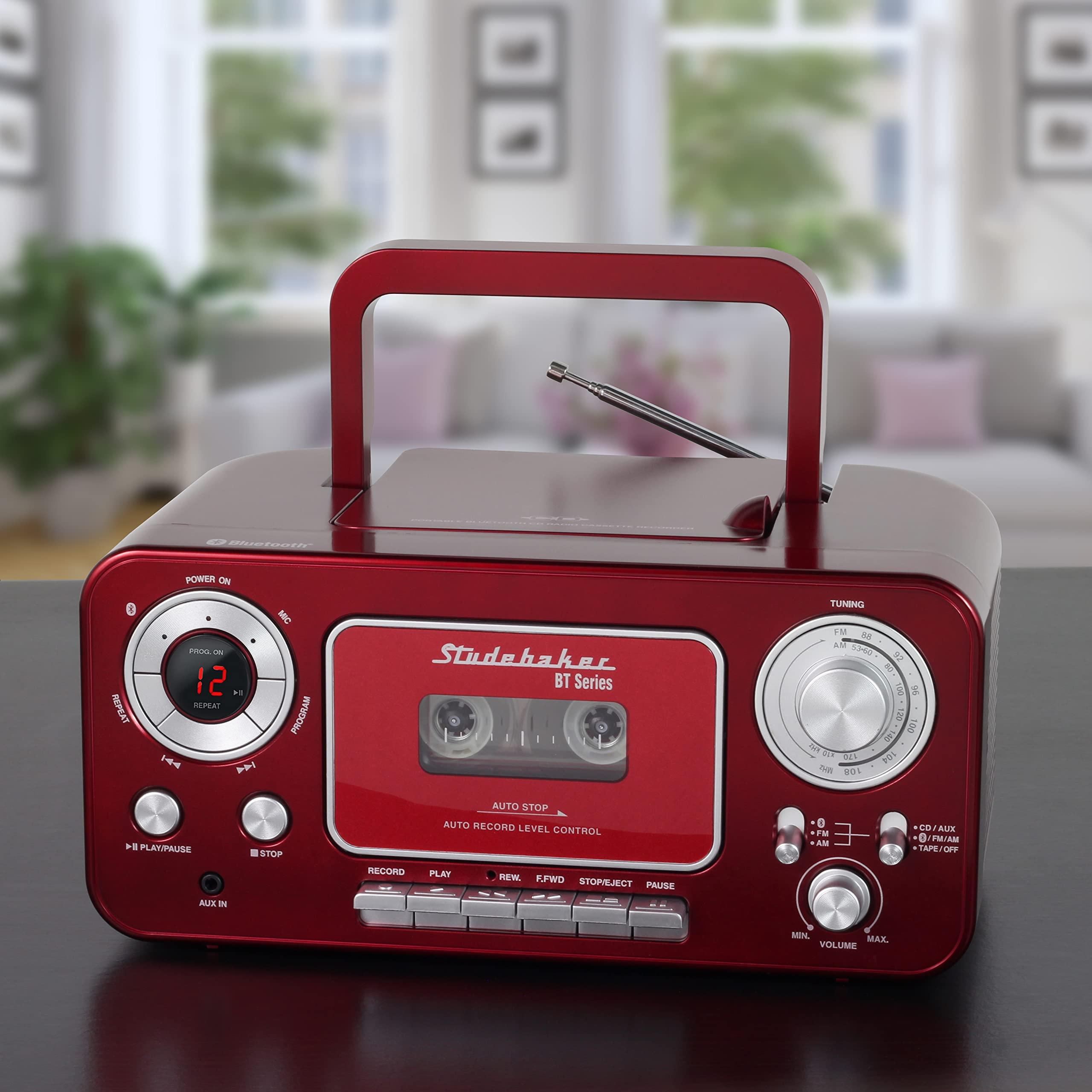 Studebaker Portable Stereo CD Player with Bluetooth, AM/FM Stereo Radio and Cassette Player/Recorder (Red & Silver)