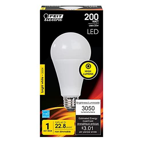 Feit Electric Feit Electric A21 LED Light Bulb, 200W Equivalent, Non-Dimmable, 3050 Lumens, E26 Standard Base, 3000k Bright White, High Output LED Bulb, Damp Rated, 22 Year Lifetime, OM200/830/LED