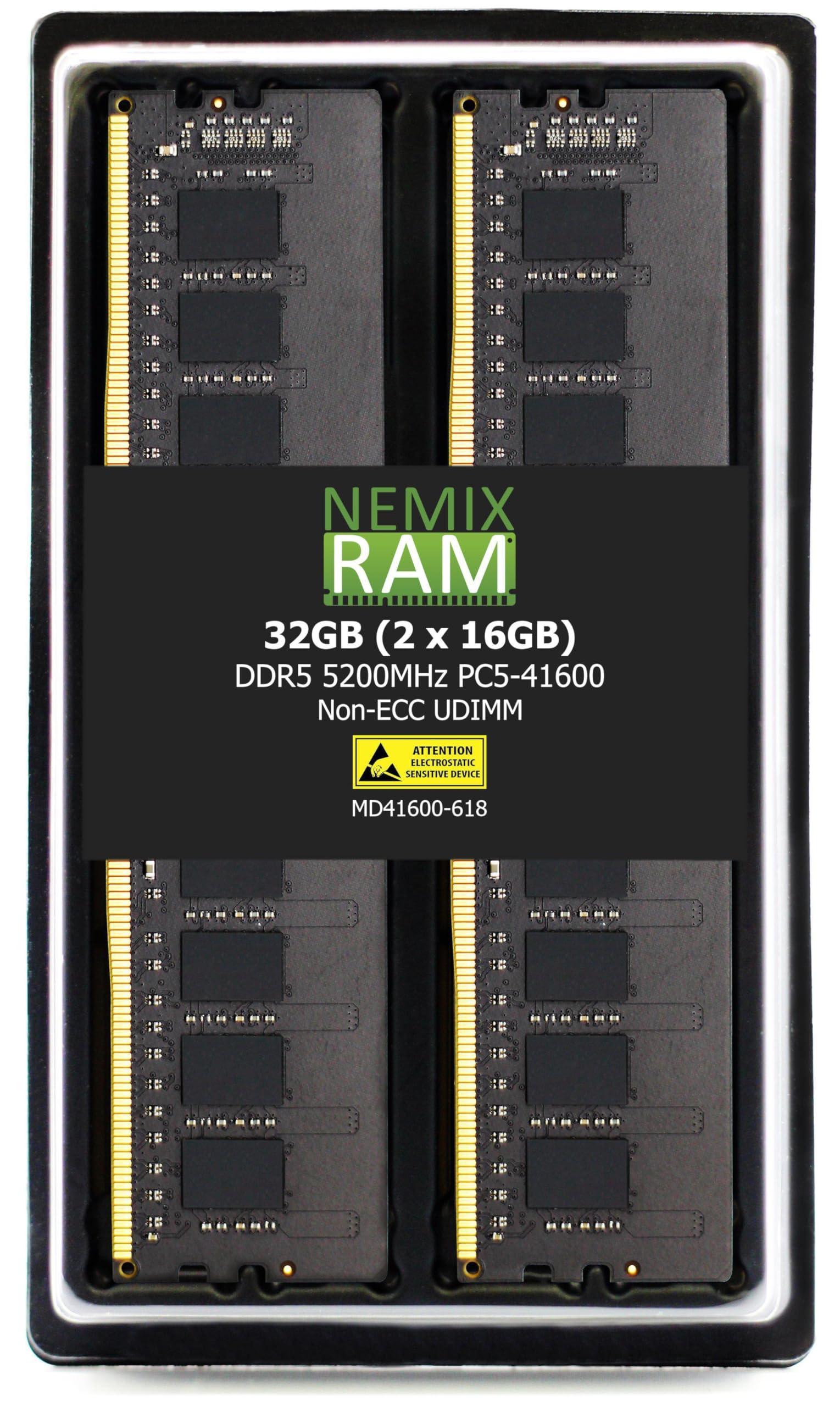 NEMIX RAM NEMIX RAM 32GB (2X16GB) DDR5 5200MHZ PC5-41600 1Rx8 1.1V 288-PIN Non-ECC Unbuffered UDIMM Desktop PC Memory KIT
