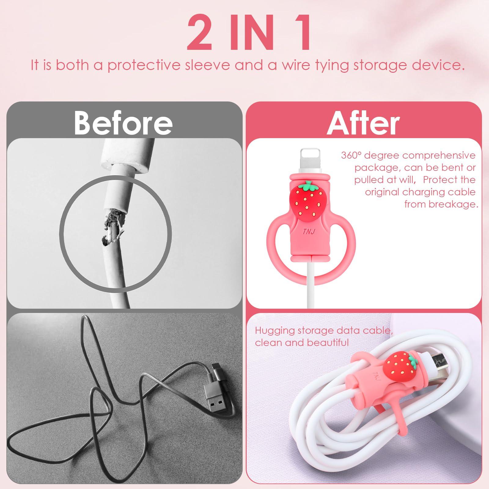 SAISN Cable Protector for iPhone Charger, SAISN Silicone Charger Cord Protector Cute Strawberry Wire Protector 2 in 1 Flexible Cable Protectors for Cords Anti-Break Charging Cable Cord Saver Winder