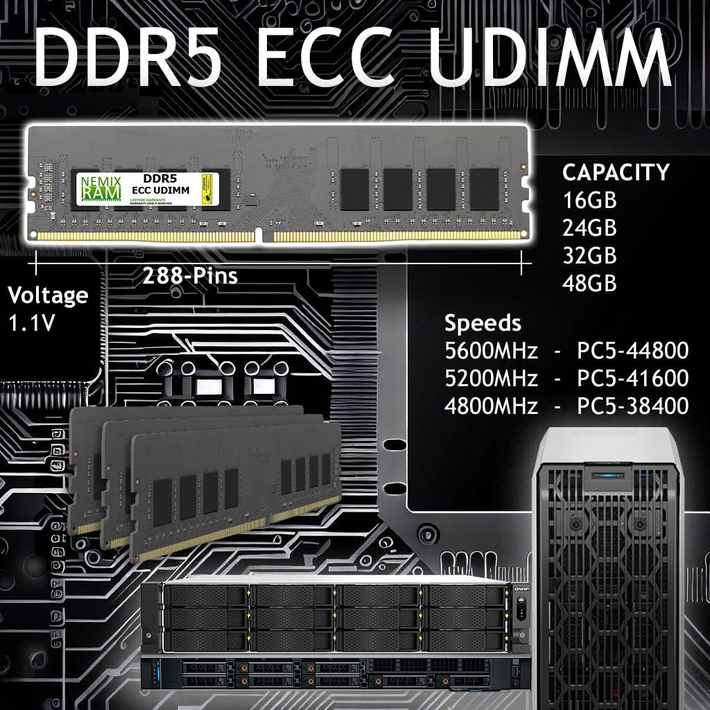 NEMIX RAM NEMIX RAM 128GB (4X32GB) DDR5 5200MHZ PC5-41600 2Rx8 1.1V 288-PIN ECC Unbuffered UDIMM Memory KIT