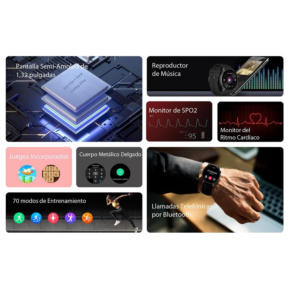 Kieslect Kieslect Kr Smart Watch for Men Women(Answer/Make Calls),1.32\"Semi-AMOLED Touch Screen,Blood Oxygen SpO2, 24/7Heart Rate Monitor,70 Sports Modes Fitness Tracker,IP68,Compatible with Android iOS