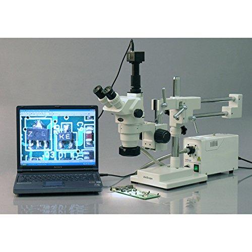 AmScope AmScope ZM-4TX Professional Trinocular Stereo Zoom Microscope, EW10x Eyepieces, 3.35X-45X Magnification, 0.67X-4.5X Zoom Objective, Ambient Lighting, Double-Arm Boom Stand, Includes 0.5X Barlow Lens