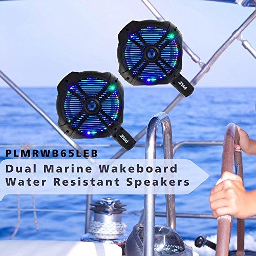 Sound Around Waterproof Marine Wakeboard Tower Speakers - 6.5” Dual Subwoofer Speaker Set and 1.0” Tweeters, LED Lights and 200 Watt Power - 2-way Boat Audio System with Mounting Bracket - PLMRWB65LEB (Black)