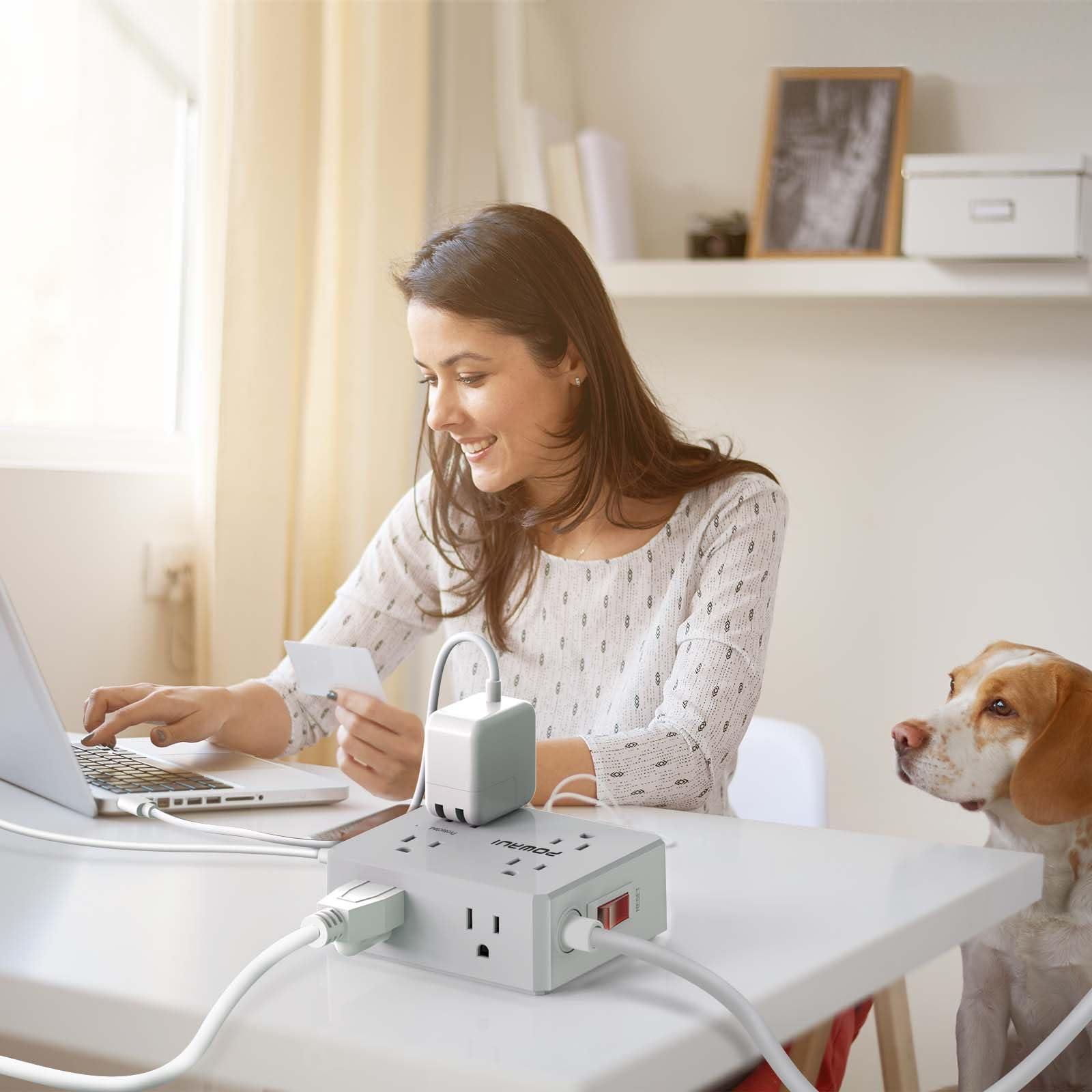 POWRUI Surge Protector Power Strip - 6 Ft Flat Plug Extension Cord with 8 Widely Outlets and 4 USB Ports(1 USB C), 3 Side Outlet Extender for Home Office, Grey, ETL Listed