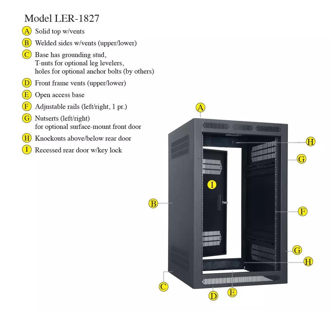 Lowell Lowell LER-1827 LER Series 18U x 27 Inches Deep Enclosed AV Rack with Recessed Rear Door with Key Lock; Welded Top and Sides with Vents; 1-Pair Fully Adjustable Rails Tapped 10-32