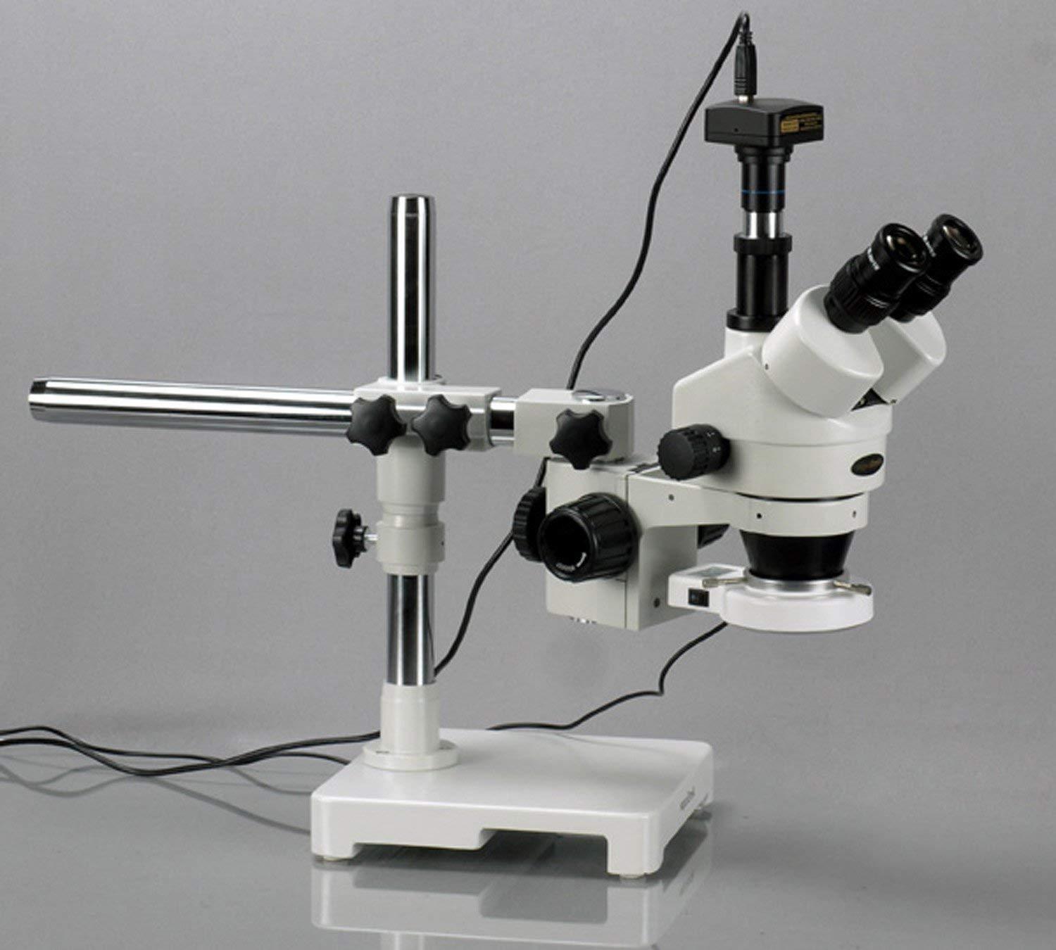 AmScope AmScope SM-3TZ-54S-10M Digital Professional Trinocular Stereo Zoom Microscope, WH10x Eyepieces, 3.5X-90X Magnification, 0.7X-4.5X Zoom Objective, 54-Bulb LED Light, Single-Arm Boom Stand, 110V-240V, Includes 0.5X and 2.0X Barlow Lenses and 10MP Camer