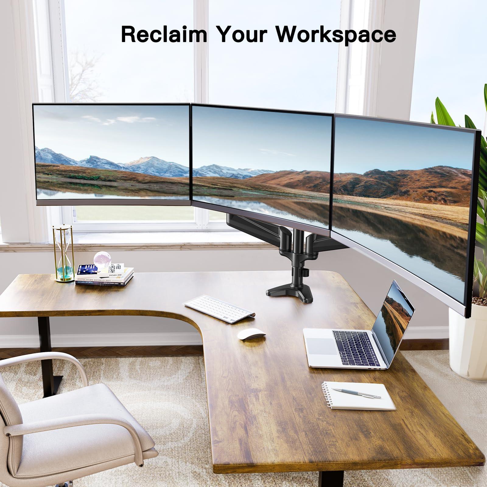 HUANUO HUANUO Triple Monitor Mount for 17 to 32 inch Screens, Gas Spring Adjustment Triple Monitor Stand with Swivel, Tilt, Rotation, Clamp & Grommet Kit (Black)