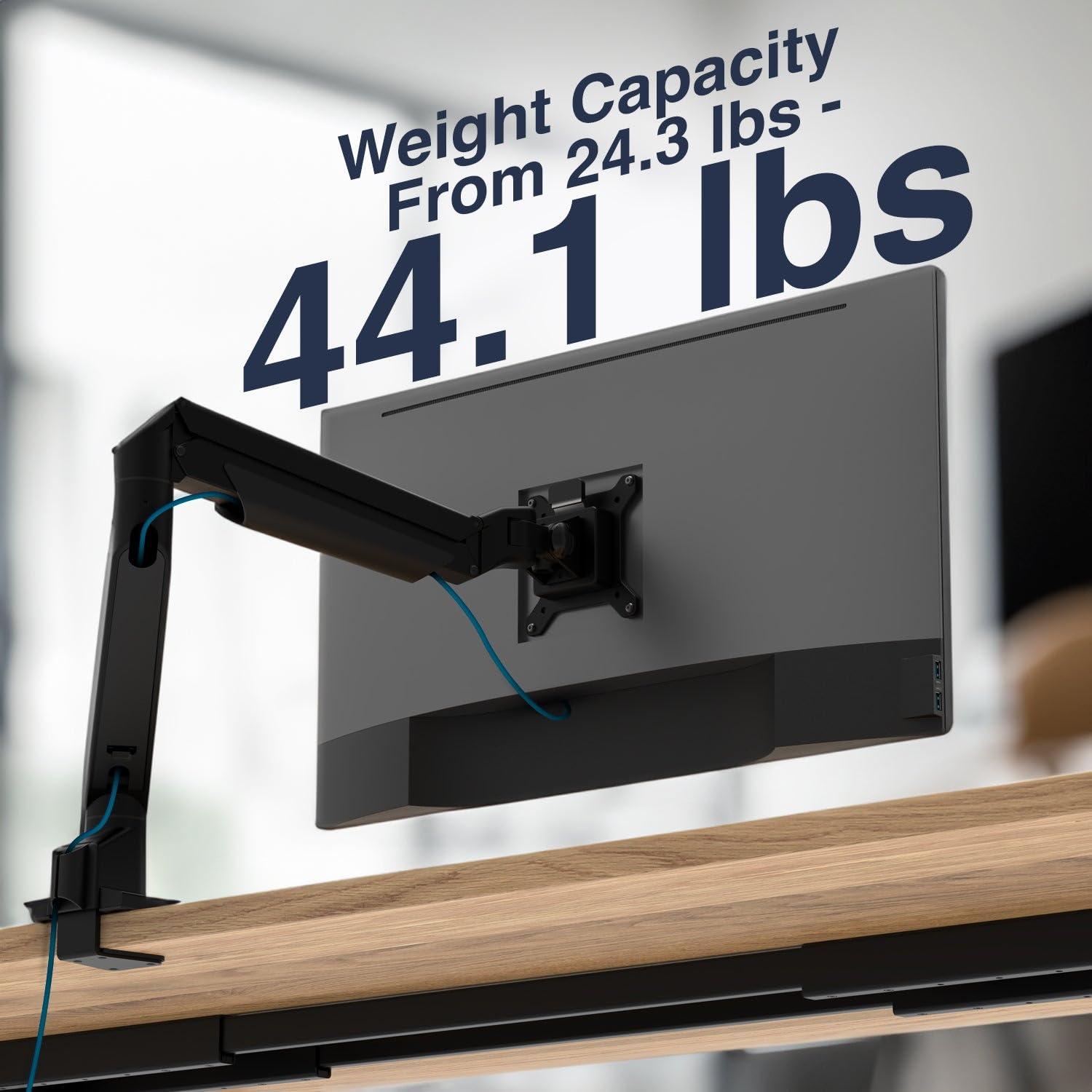 Desky Desky Heavy Duty Single Monitor Arm (24lbs+) Ergonomic Gas Spring Desk Mount, Fits 3843" Ultrawide Screens, VESA 75x75/100x100, Clamp/Grommet Base Silver