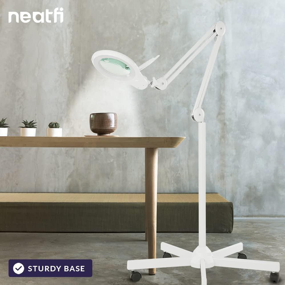 Neatfi Neatfi (New Model) Bifocals 1,200 Lumens LED Magnifying Floor Lamp with Rolling Base, 5 Diopter with 20 Diopter, Dimmable, Adjustable Arm (5 Inches, White)
