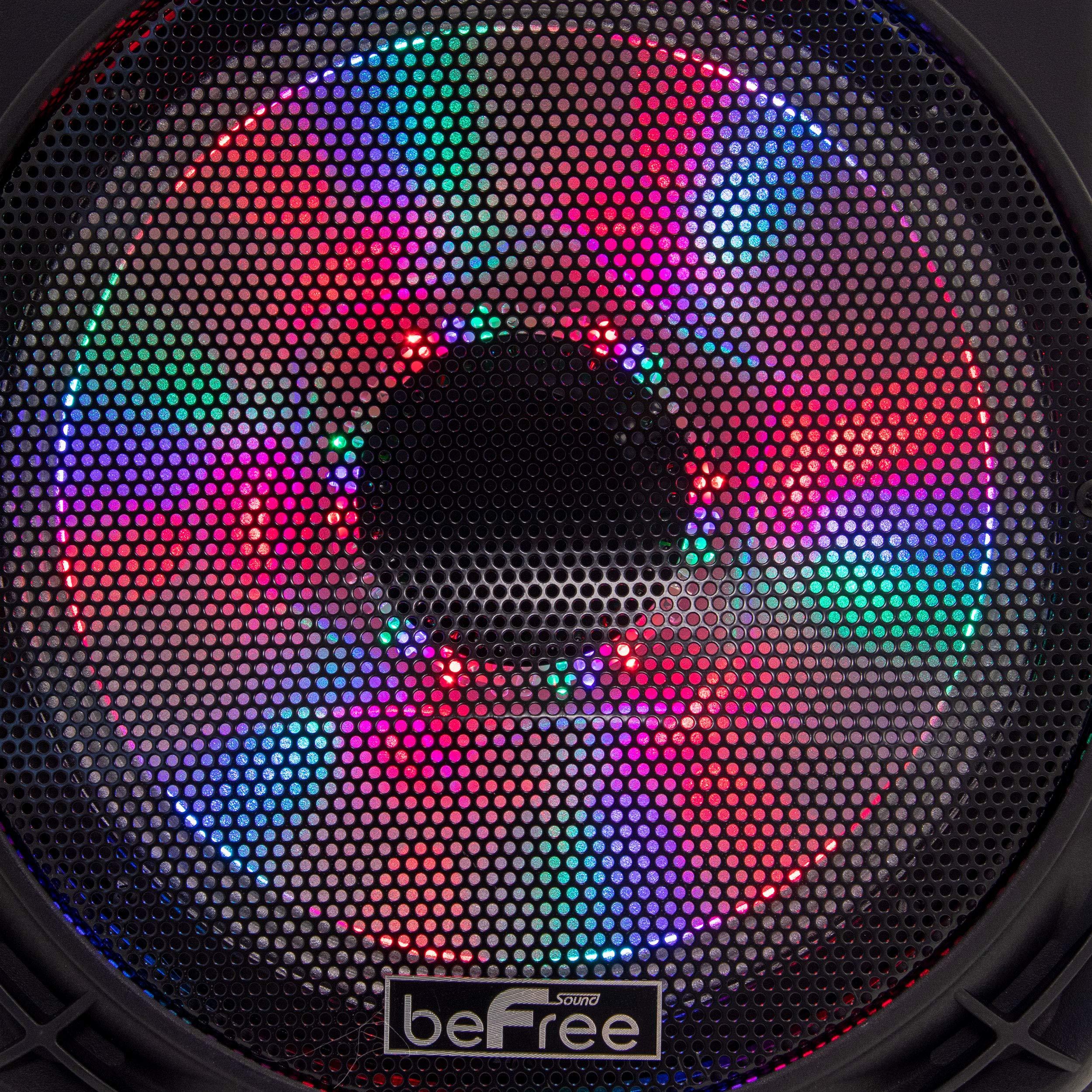 beFree Sound beFree Sound 12 Inch 2500 Watt Bluetooth Portable Party PA Speaker with Illuminating Lights and USB/MicroSD/AUX-in/FM Radio/DV12V Inputs, Black, (BFS-12 Portable Speaker)