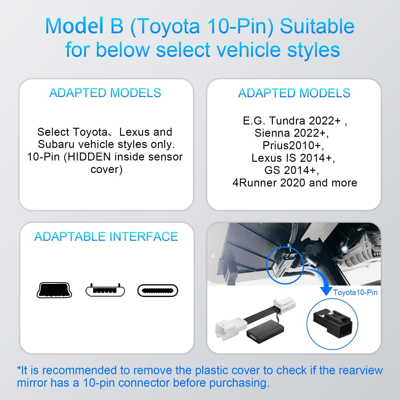 mangoal mangoal Dashcam Power Adapter 10 Pin (Model B) Fit for Toyota Lexus Subaru,Tundra Sienna 4Runner and More,Hide The Wires,GPS Radar Mirror Camera Dash Cam Adapter Cable,Connects to autodimming Mirror