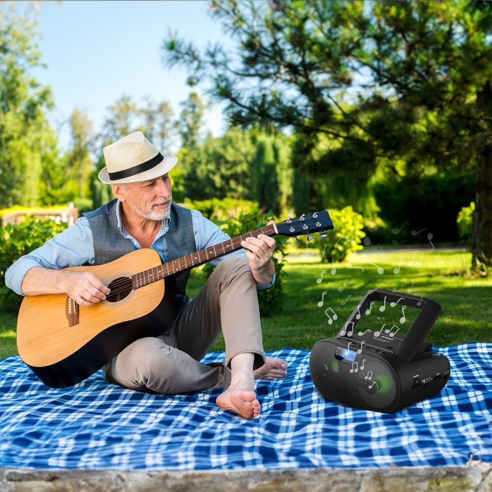 Riptunes Riptunes Portable CD Player Boombox AM FM Radio, Bluetooth, USB, Aux-Input, MP3 CD Stereo Sound with Bass Boost, Party Lights, Headphone Jack, Backlit LCD Display, with Remote, Black