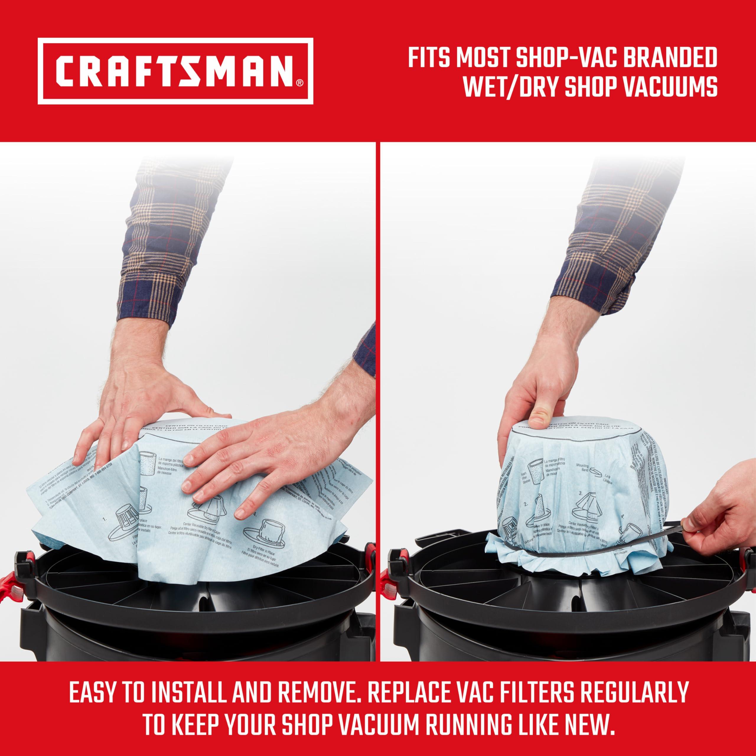 Craftsman CRAFTSMAN CMXZVBE38766 Dry Filters with Retaining Band Wet Dry Vac Replacement Vacuum Filter, Reusable Dry Only Filters for Most Shop Vac Branded Shop Vacuums, 3-Pack