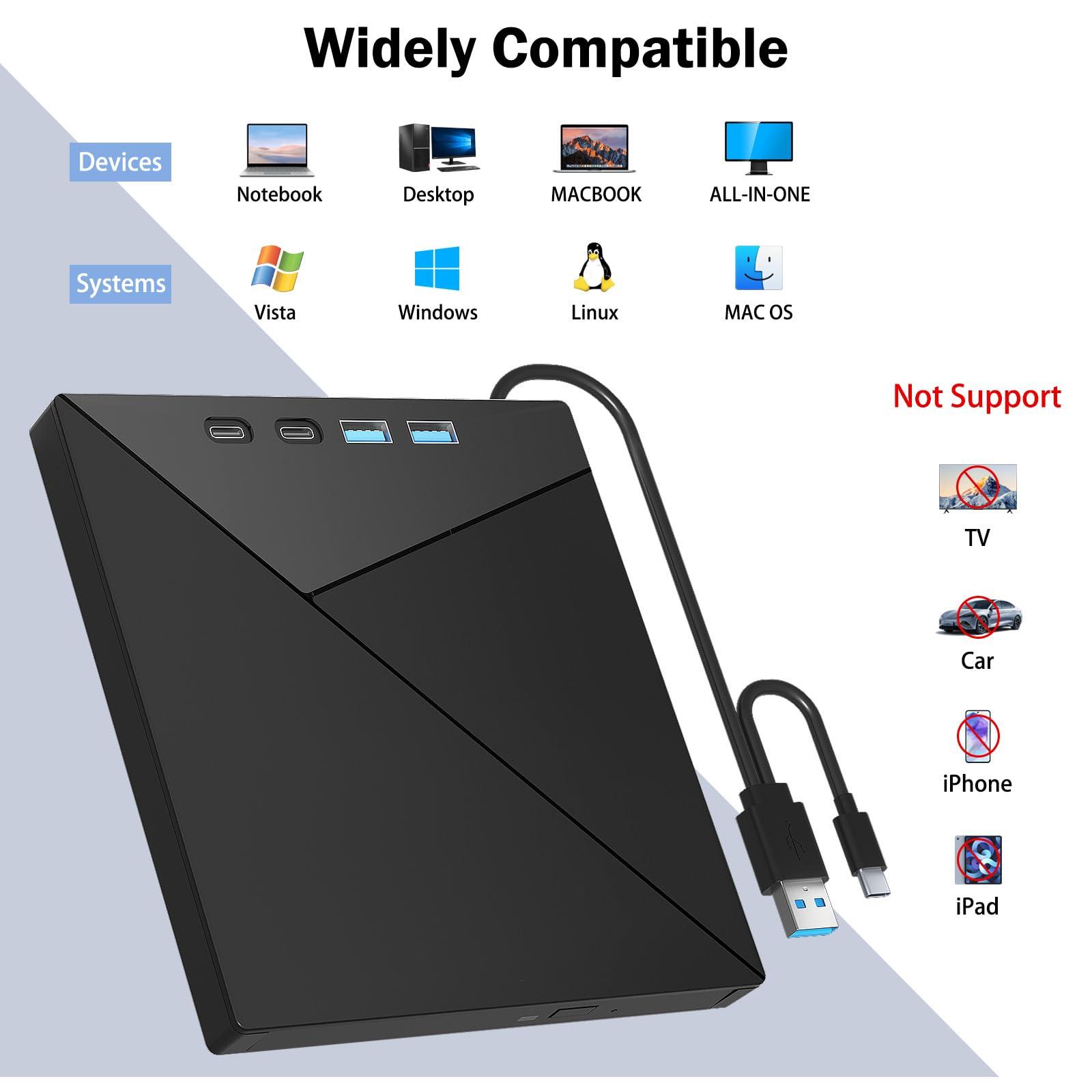 Wbacon 7 in 1 External Blu Ray Drive, 4k Blu Ray Burner with USB 3.0 Type-C Portable Blu Ray Drive, CD DVD Burner 3D BD Player with SD/TF Ports, 4k Optical Drive Compatible with Windows MacOS Laptop Desktop