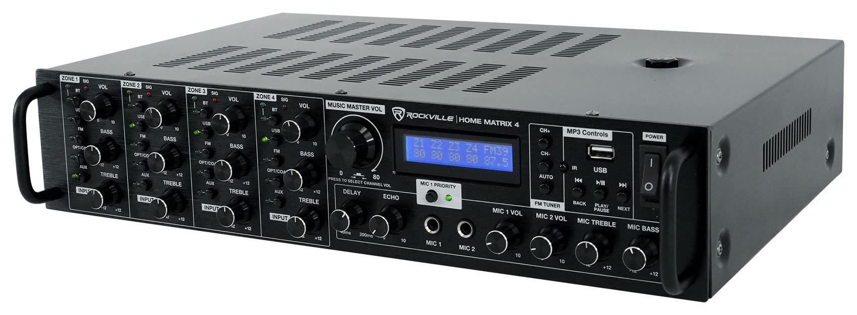 Rockville Rockville Home Matrix 4 4-Zone 8-Channel 600W Multi-Room/Source Receiver Amplifier, Bluetooth, USB, Optical, FM Radio, Includes Remote - Perfect for Home Audio, Restaurants, Offices, Schools
