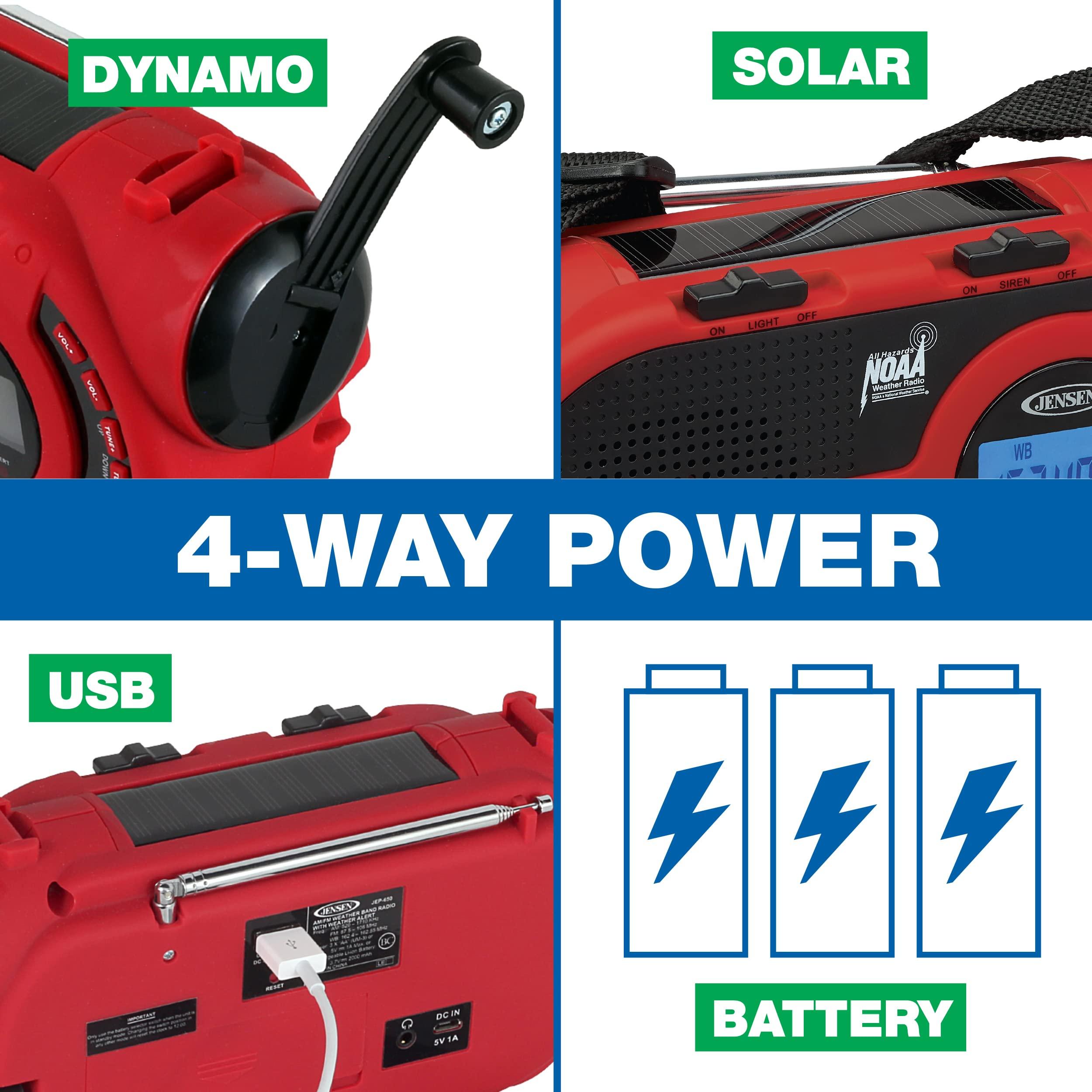 Jensen JENSEN JEP-650 Portable Digital AM/FM Weather Radio with Weather Alert, Flashlight, and 4-Way Charging, Red, JEP-650