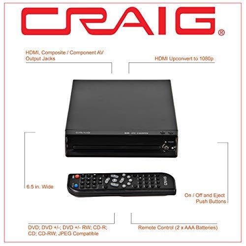 Craig Craig CVD401A Compact HDMI DVD Player with Remote in Black | Compatible with DVD-R/DVD-RW/JPEG/CD-R/CD-R/CD | Progressive Scan | Up-Convert to 1080p |