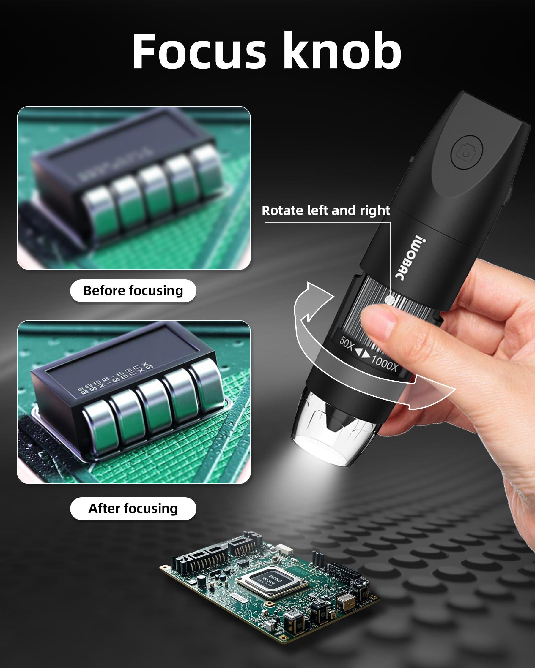 IWOBAC Digital Microscope Wireless Pocket Handheld USB Microscopes, 50x-1000x Zoom Fixed Focus HD Magnifier with LEDs, Inspection Camera Compatible with iPhone, Android Phone, MacBook, Windows PC (Black)