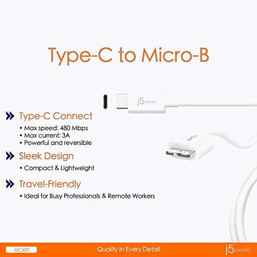 j5create j5create USB Type-C 3.1 to USB 3.0 Micro-B Cable- USB Type-C Male to USB 3.0 Micro-B Male Connector | USB 3.1 (10 Gbps) and USB 2.0 (480 Mbps) | 3 FT (90 CM) | Compatible with USB Type-C Devices