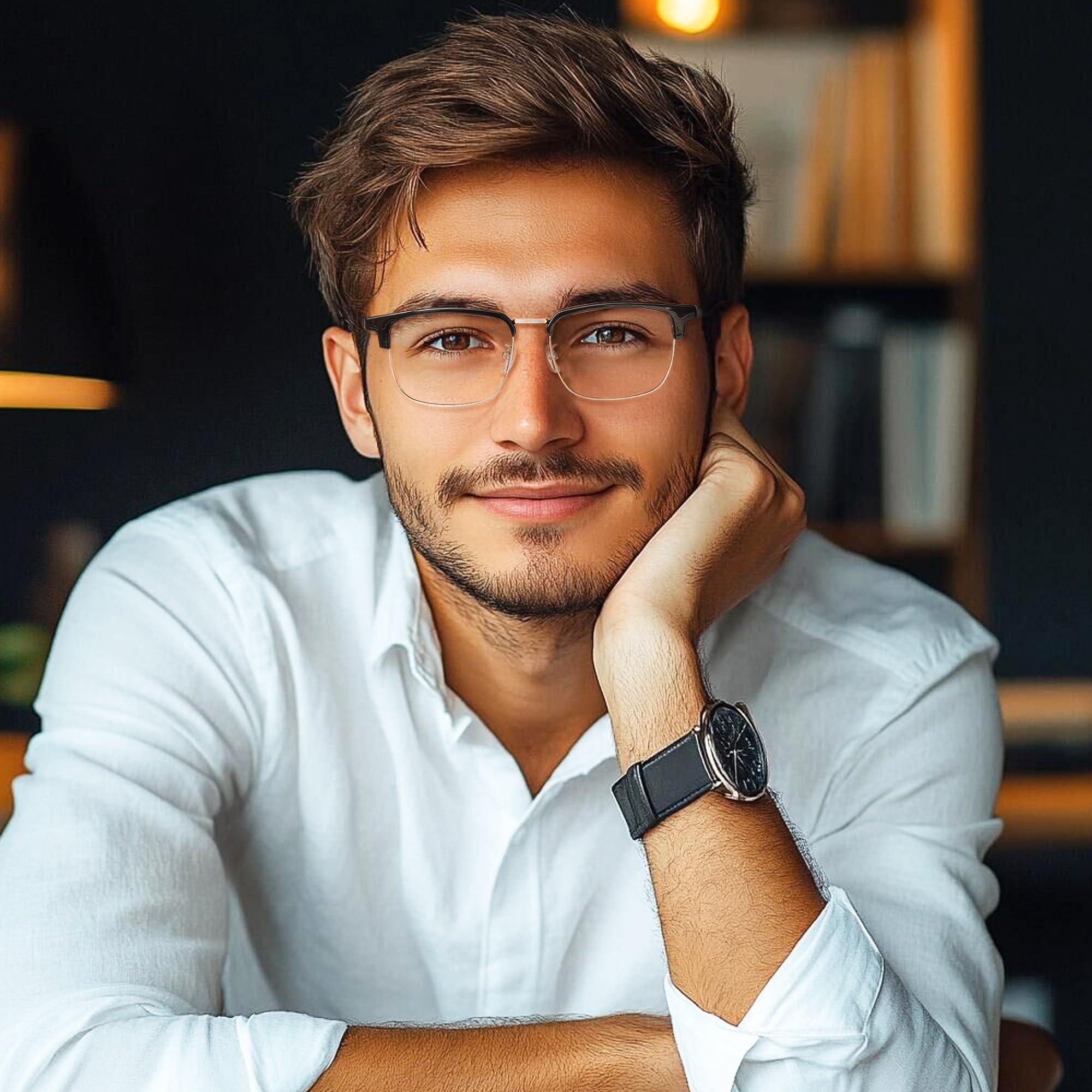 Cyxus Cyxus Men Blue Light Blocking Glasses Half Rimless Computer Gaming Glasses Square Fashion Glasses for Men 8216 Black Gold