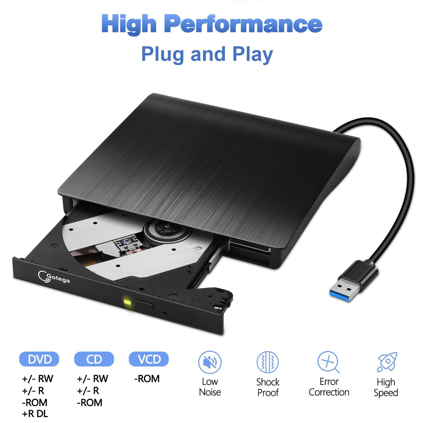 Gotega Gotega External DVD Drive, USB 3.0 Portable +/-RW , DVD Player for CD ROM Burner Compatible with Laptop Desktop PC Windows Linux OS Apple Mac Black
