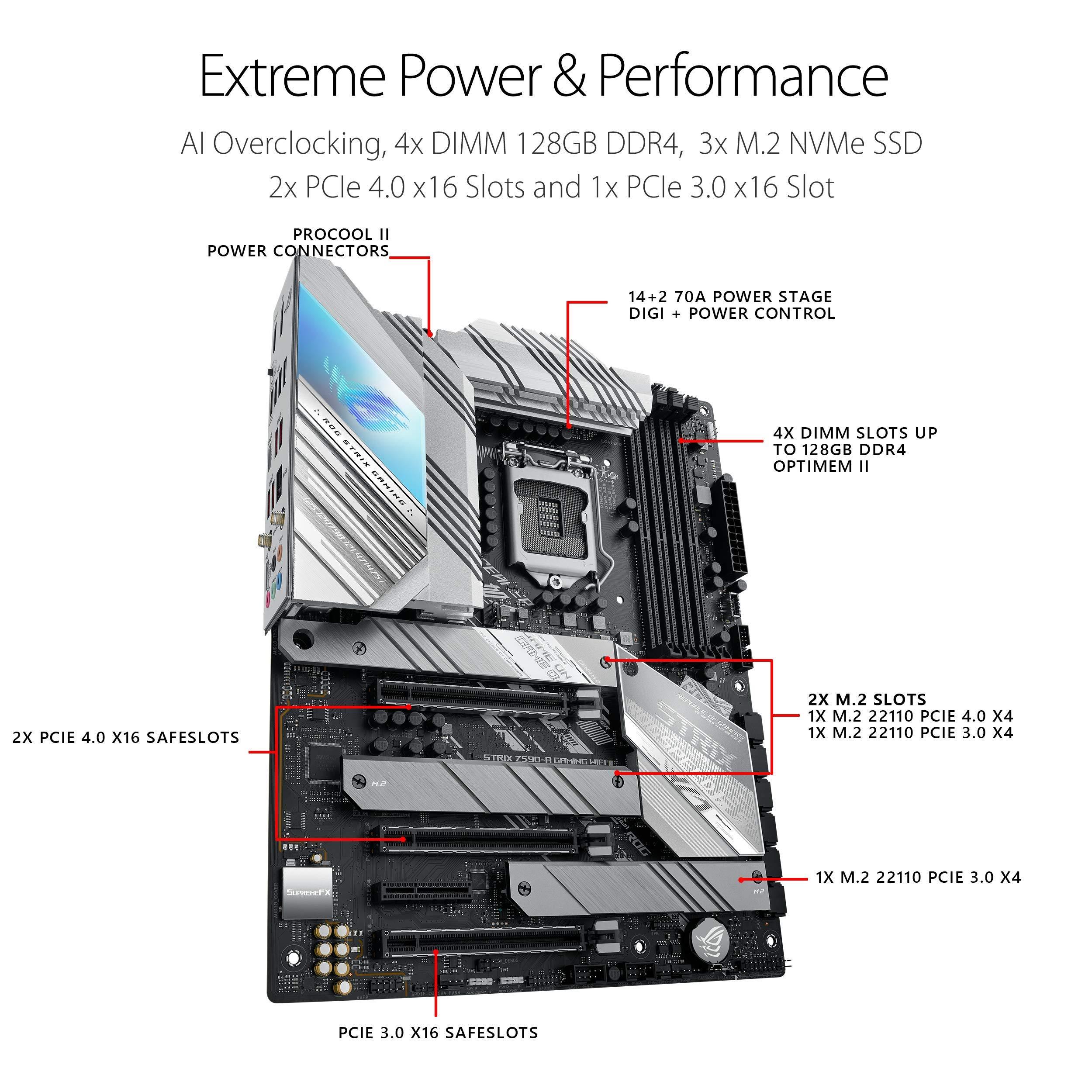ASUS ROG Strix Z590-A Gaming WiFi 6 LGA 1200(Intel® 11th/10thGen) ATX White Scheme Gaming Motherboard (PCIe 4.0, 14+2 Power Stages, WiFi 6, Intel® 2.5 Gb LAN, Thunderbolt™ 4, 3X M.2/NVMe SSD, Aura RGB)