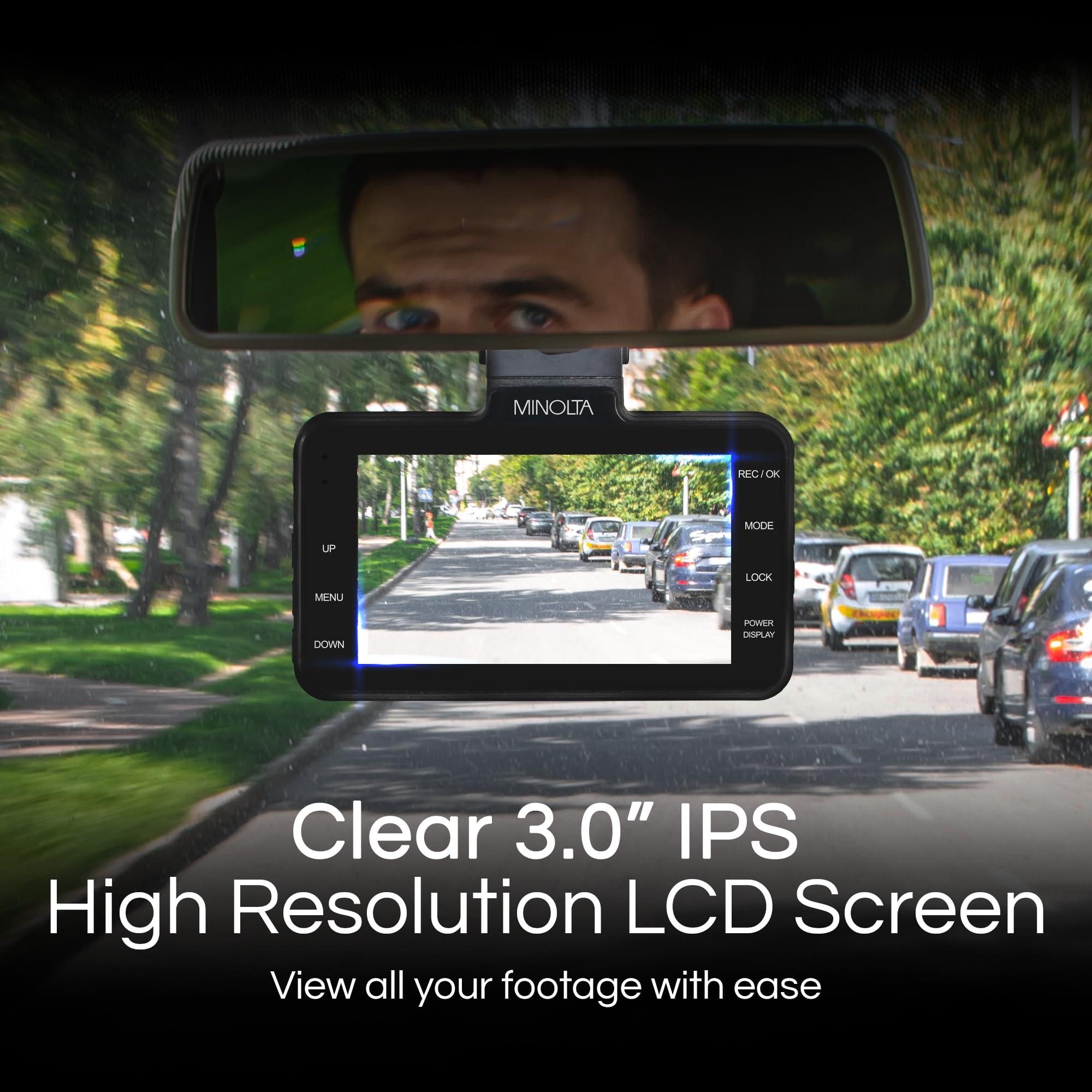 Minolta Minolta 1080p Dash Cam with G-Sensor - 3.0" LCD, 120 Wide-Angle Lens, Loop Recording, Parking Monitor, Emergency Lock, USB Power, Windshield Mount, 16GB Card Included, Compact (Black)