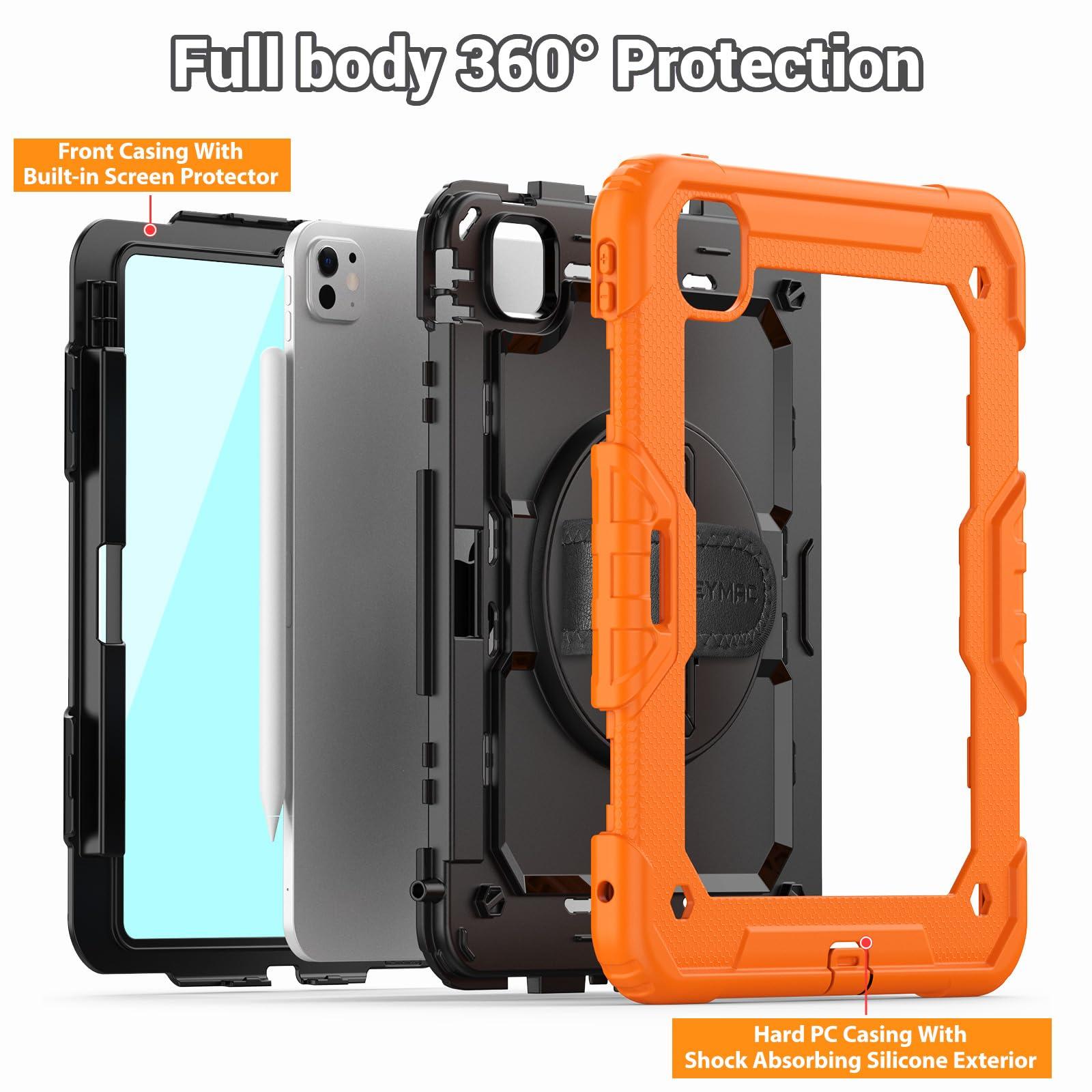 SEYMAC SEYMAC for iPad Pro 11 Inch Case 2024 (M4), Heavy Duty Shockproof Protective Case with Screen Protector, 360 Rotating Stand, Hand/Shoulder Strap and Pen Holder for iPad Pro 11 2024, Orange
