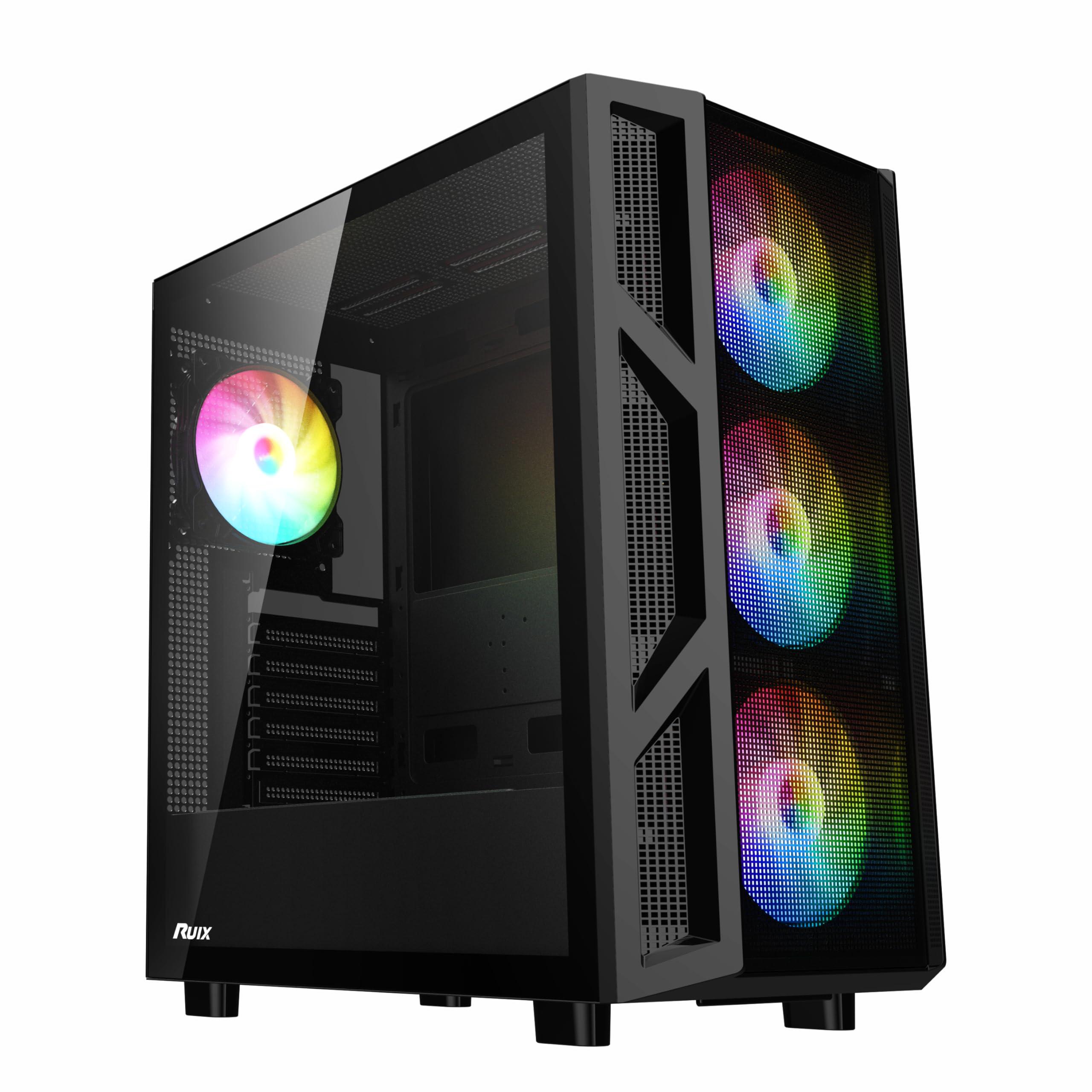 RUIX RUIX CV103 ATX Mid-Tower PC Case, Pre-Installed 4 x 120mm RGB Fans, RGB Color Lighting, Tempered Glass, USB 3.0, Gaming Computer Case, High-Airflow - Black