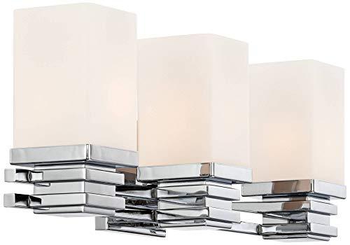 Possini Euro Design Possini Euro Design Bennett Modern Wall Light Chrome Silver Hardwired 22" Wide 3-Light Fixture Mounted Etched White Opal Glass Rectangular Shade Bathroom Vanity Mirror House Home Hallway Room Decor