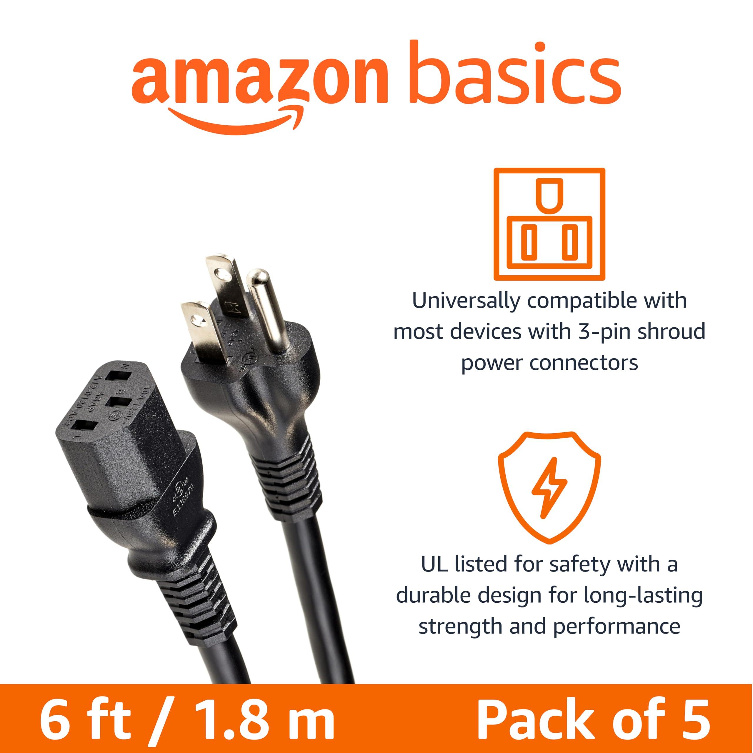 Amazon Basics Amazon Basics PC Power Cord, 6 feet, 5-Pack, AC Power Cord for Monitor, Computer, TV, 3 Prong, 18 AWG, 125 Volts, Black