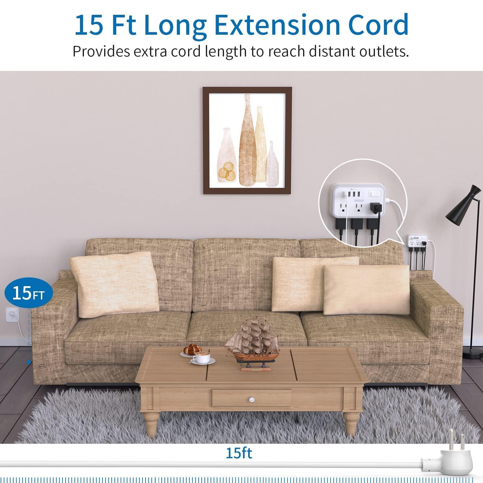 NTONPOWER Long Extension Cord 15 Ft Bundle, NTONPOWER Flat Plug Power Strip with USB Ports, Desktop Charging Station, Wall Mountable, Compact for Home, Office, Nightstand and Dorm Room Essentials