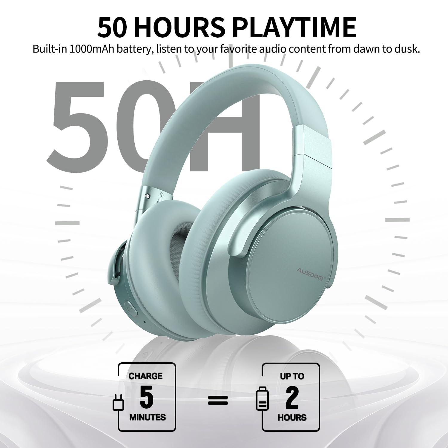 AUSDOM AUSDOM Wireless Noise Cancelling Headphones Bluetooth, E7 Over-Ear ANC Headphones with Microphone, 50Hrs Playtime, Hi-Fi Stereo Sound, USB C Charge, Comfortable Earpads for Travel Work, Mint Green